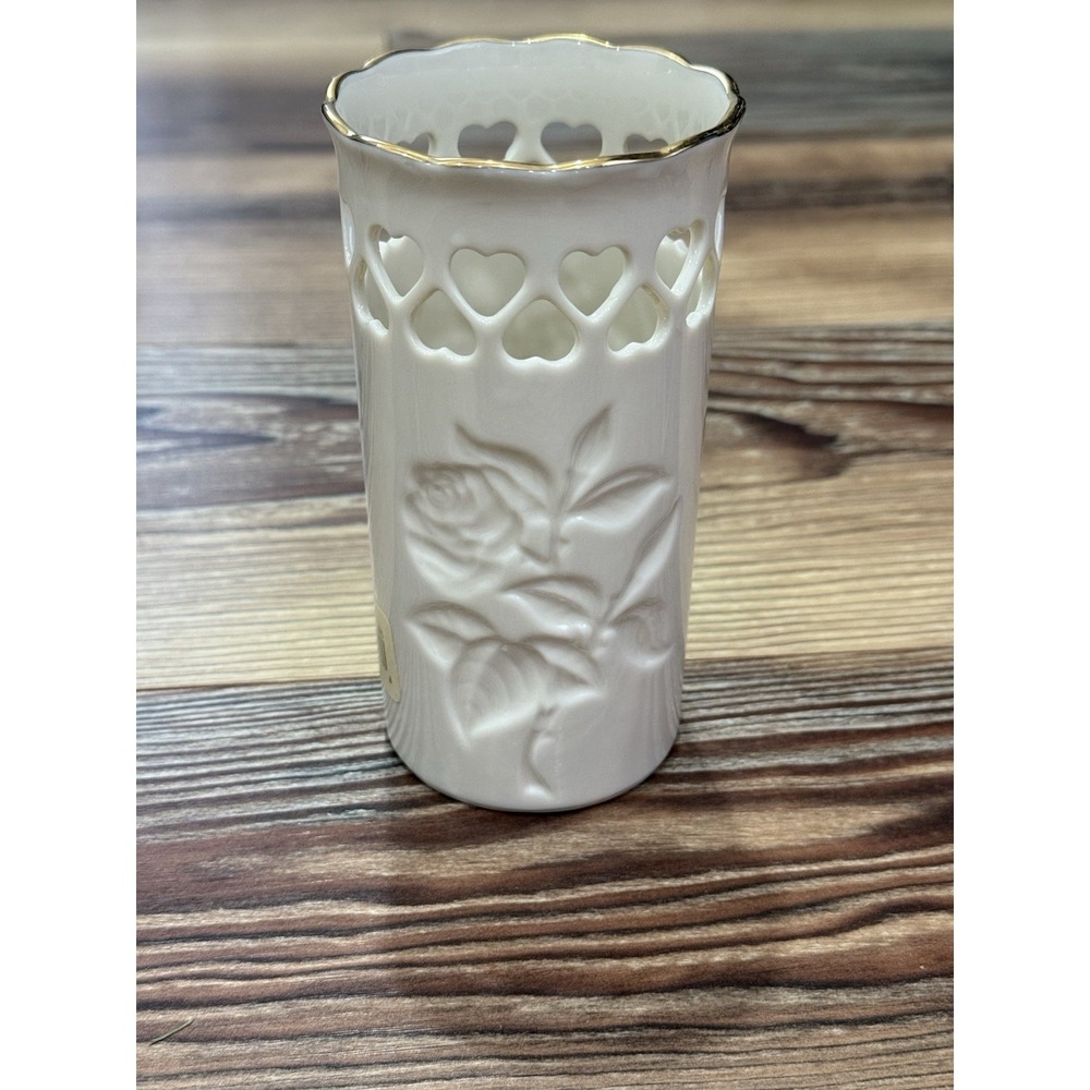 Lenox Pierced Hearts /Embossed Roses 5 3/4" high Pre-Owned
